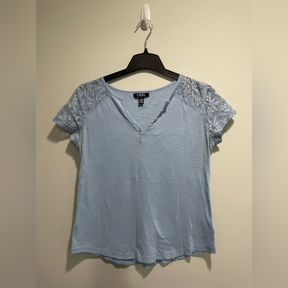 {Chaps} women's T-shirt, size medium baby blue with lace detail